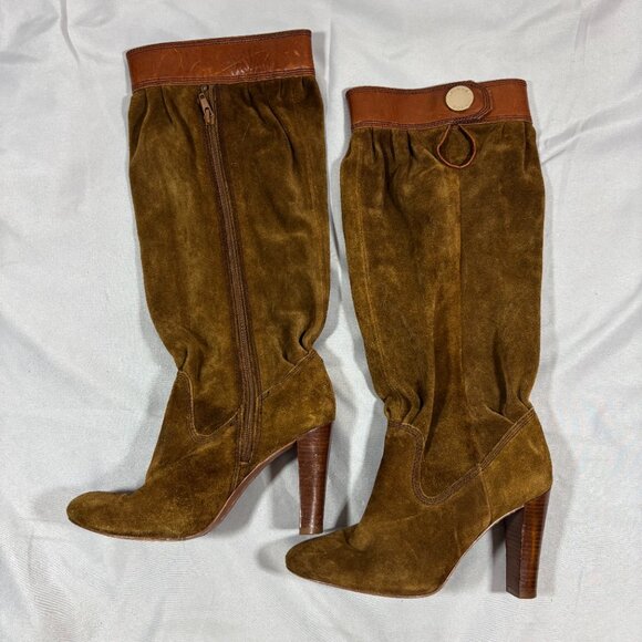Michael Kors Brown Tall Knee-High Block High Heels Suede Pleats Boots Size 6 - Picture 2 of 5